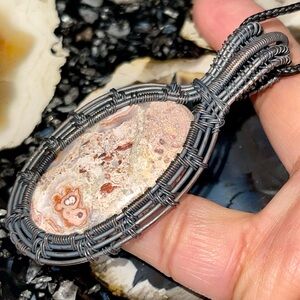 Copper Wire- Wrapped “The Laughter Stone” Crazy Lace Laguna Pendant 2 7/8”
